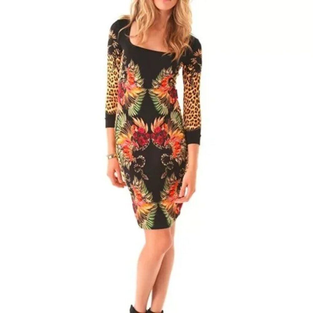 Just Cavalli Printed Leopard and Floral Bodycon Dress Size L